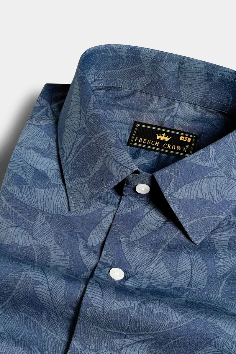 Slate Blue And Heather Gray Leaves Printed Premium Cotton Shirt 1