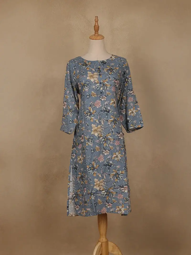 Slate Blue Floral Design Print Rayon Kurti 1