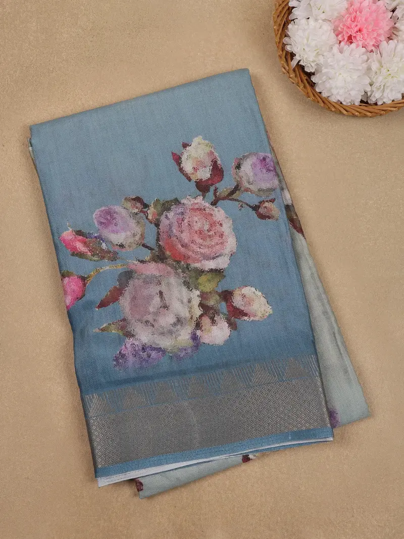 Slate Blue Floral Designed Cotton Saree 1