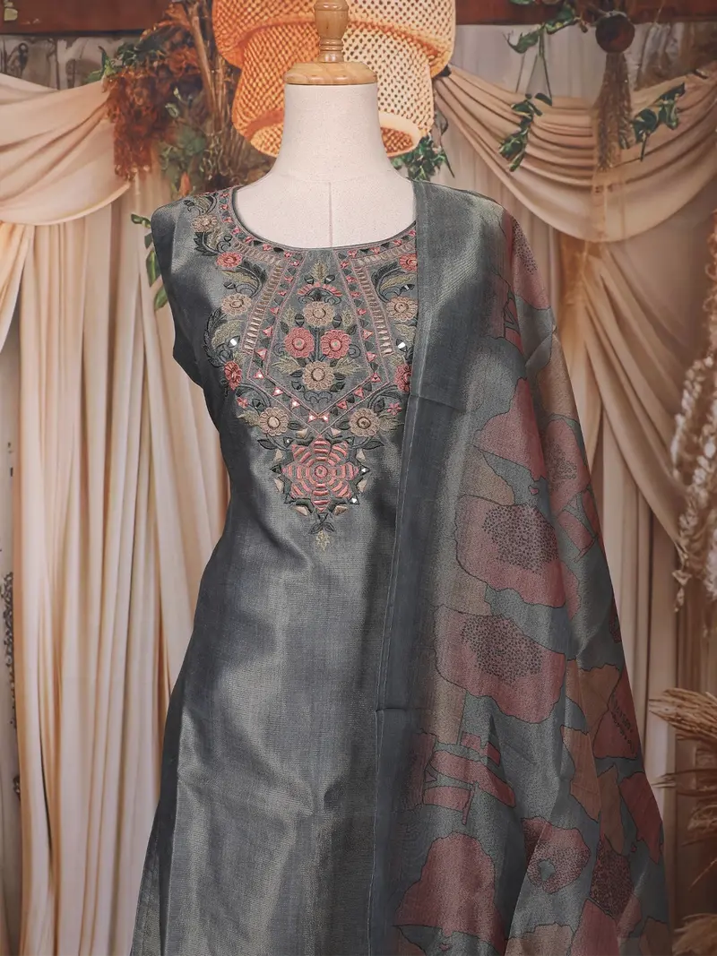 Slate Blue Floral Embroidered Design Tissue Silk Palazzo Suit With Printed Dupatta 1
