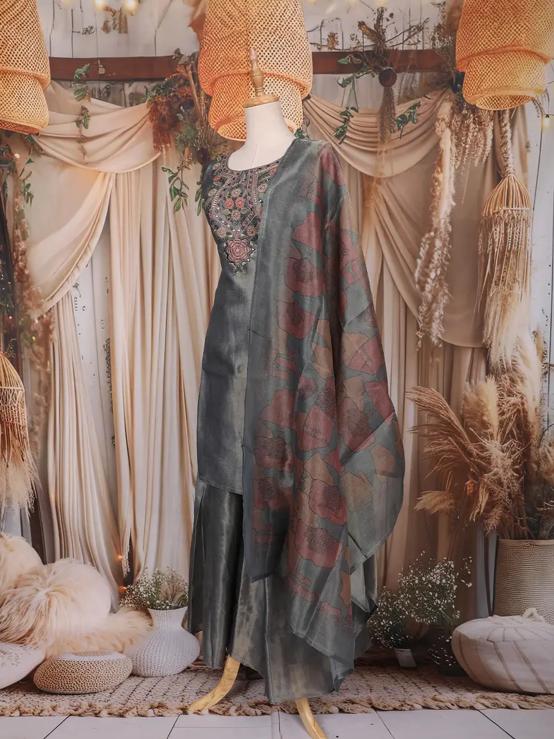 Slate Blue Floral Embroidered Design Tissue Silk Palazzo Suit With Printed Dupatta 2