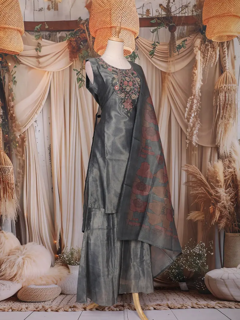 Slate Blue Floral Embroidered Design Tissue Silk Palazzo Suit With Printed Dupatta 3