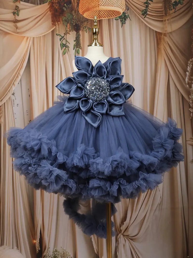 Slate Blue Floral Layered Design Net Ruffle Frock 1