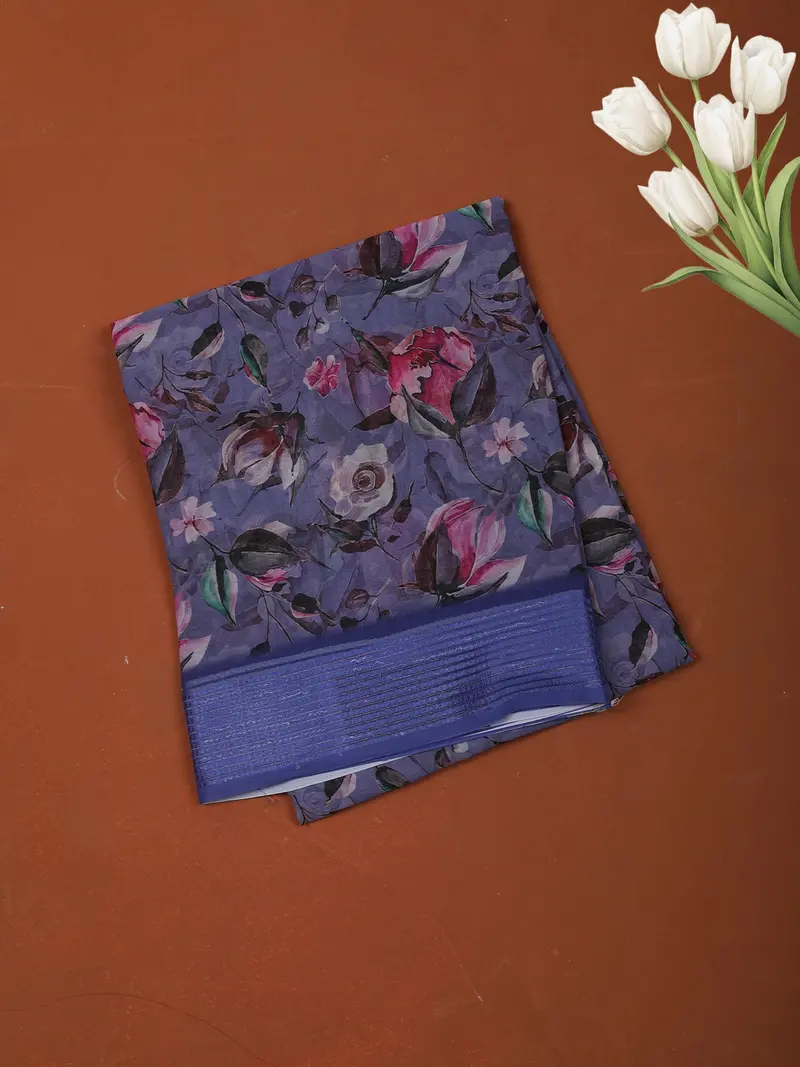 Slate Blue Floral Printed Design Chiffon Casual Saree With Striped Border 1