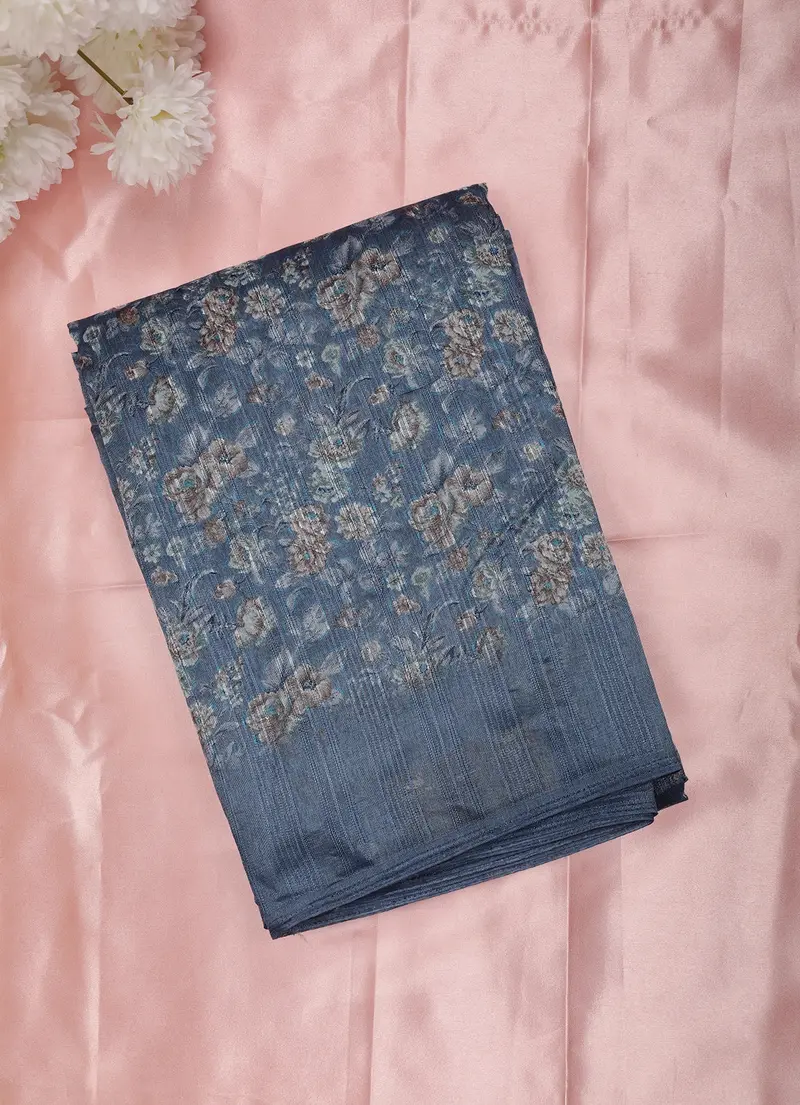 Slate Blue Floral Printed Design Linen Cotton Saree 1