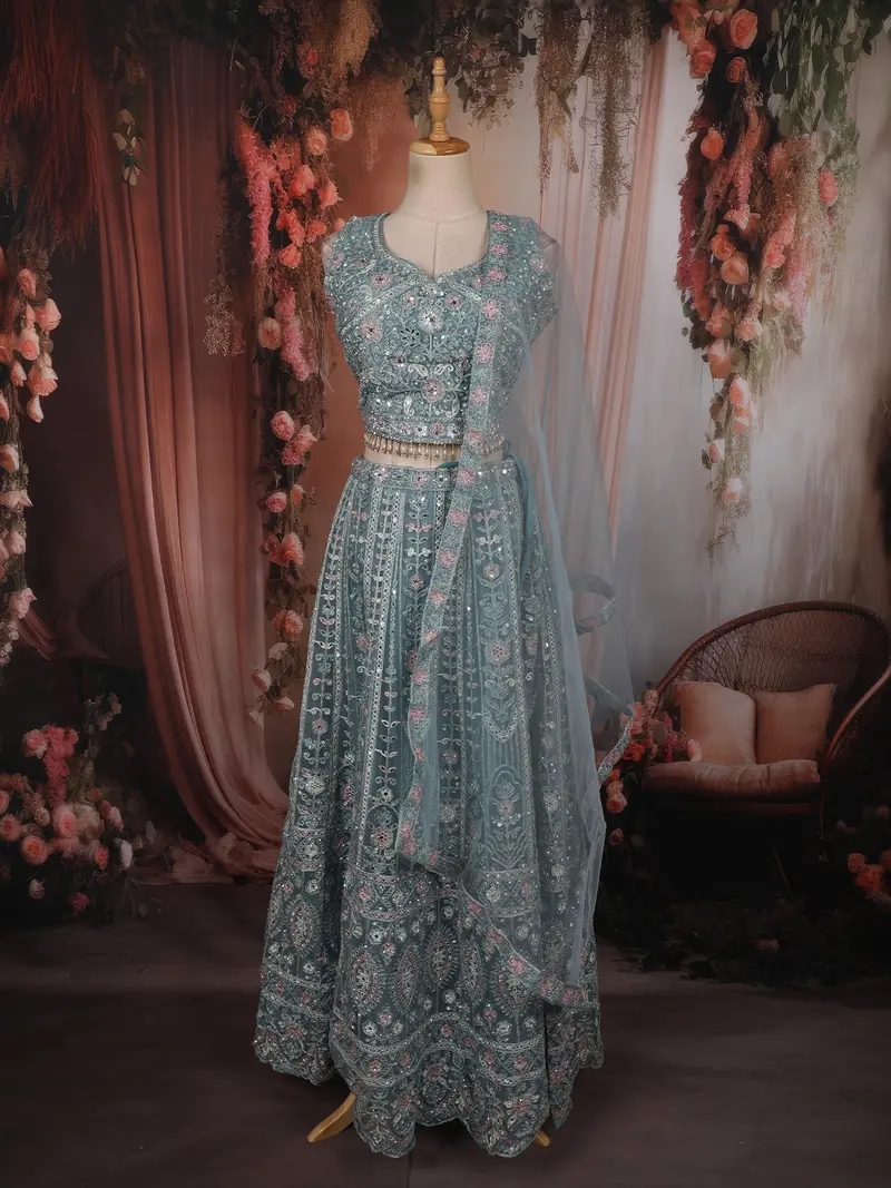 Slate Blue Floral Thread And Beads Embroidered Design Net Lehenga With Dupatta 1