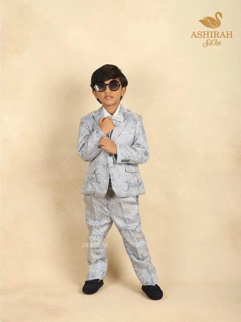 Slate Blue Jacquard 3-Piece Coat Suit With Bow 1