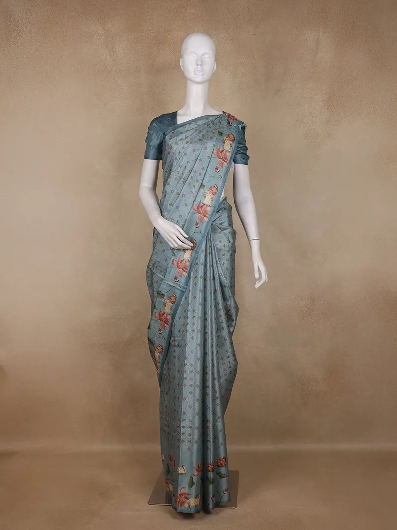Slate Blue Lotus And Cow Printed Chanderi Cotton Saree 1