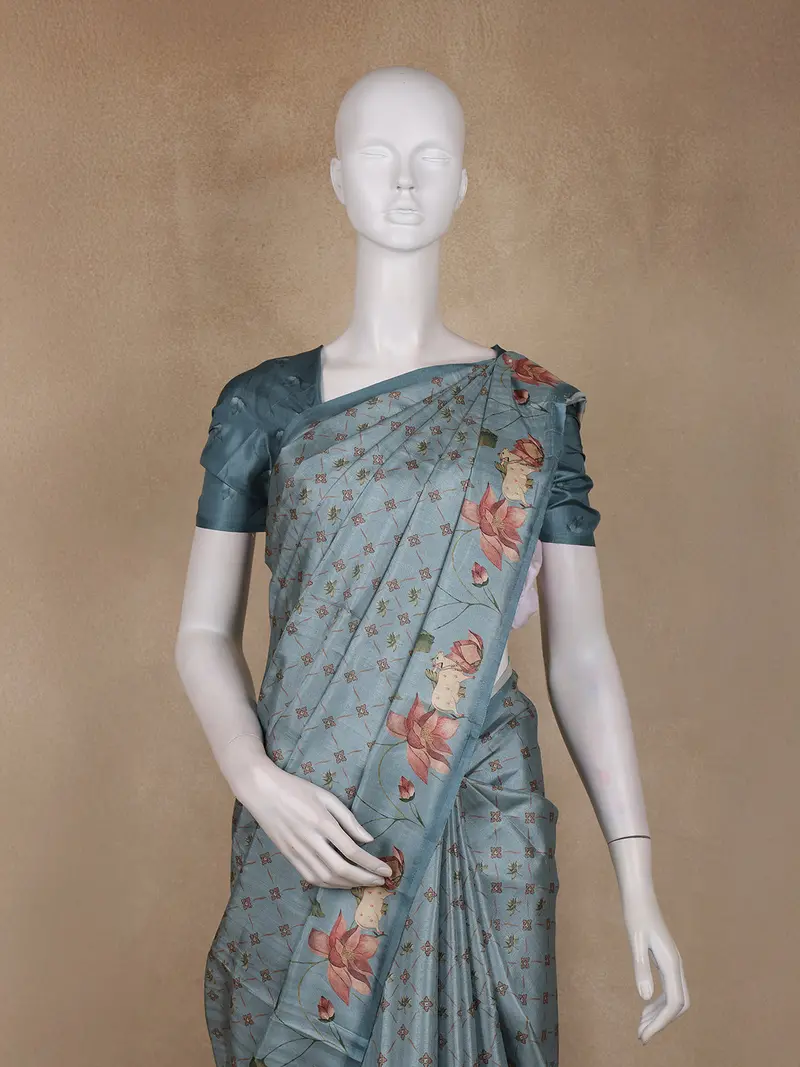Slate Blue Lotus And Cow Printed Chanderi Cotton Saree 2