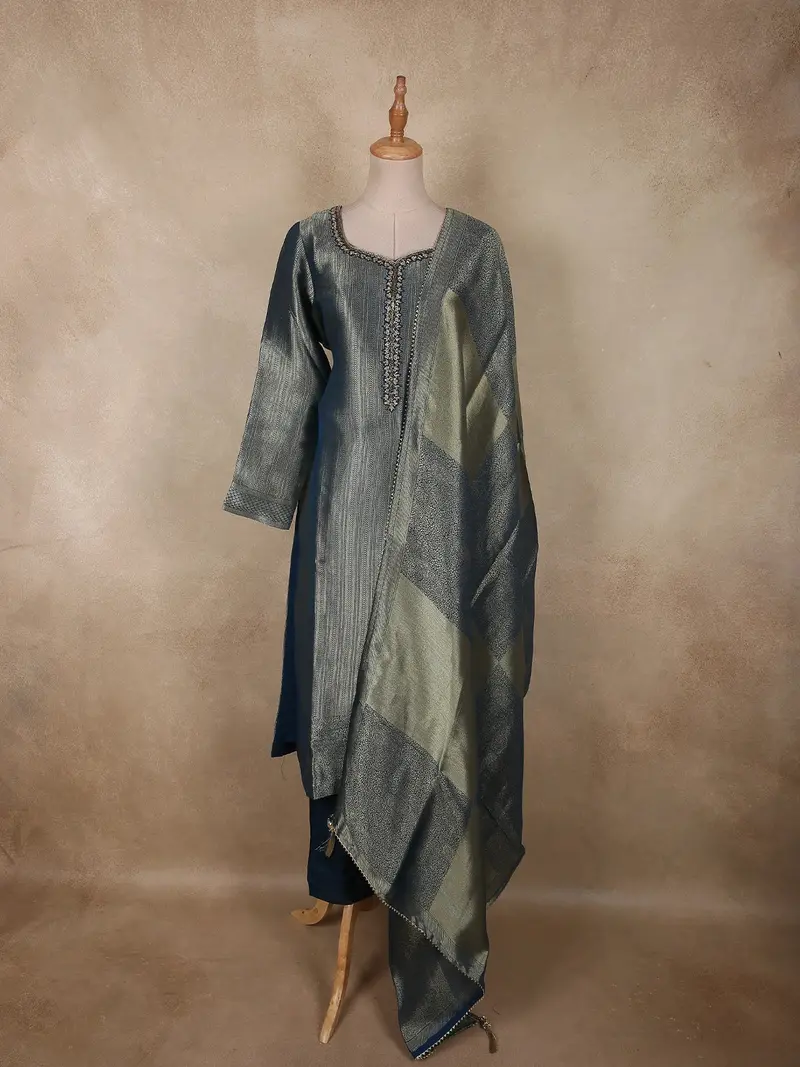 Slate Blue Zari Woven Design Tissue Straight Cut Salwar Suit With Dupatta 1