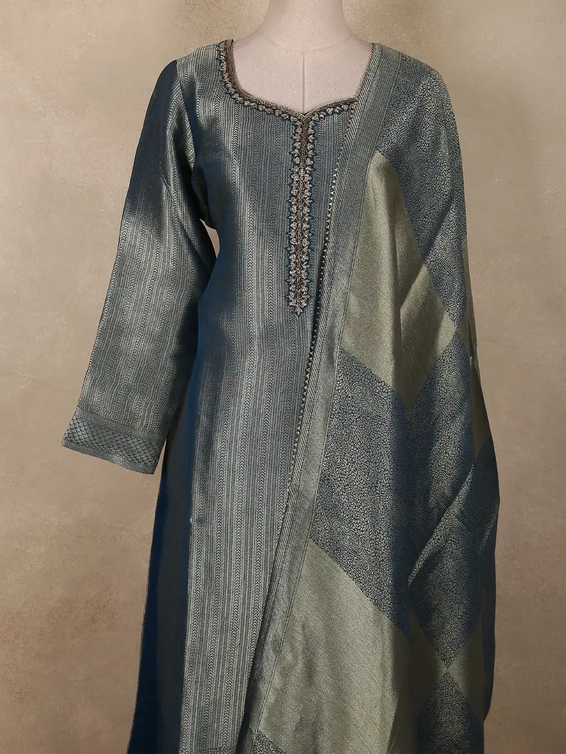Slate Blue Zari Woven Design Tissue Straight Cut Salwar Suit With Dupatta 2