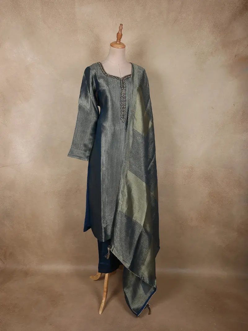 Slate Blue Zari Woven Design Tissue Straight Cut Salwar Suit With Dupatta 3