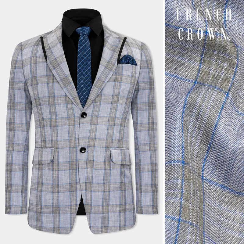 Slate Gray With Tapa Brown Plaid Wool Rich Designer Blazer 1