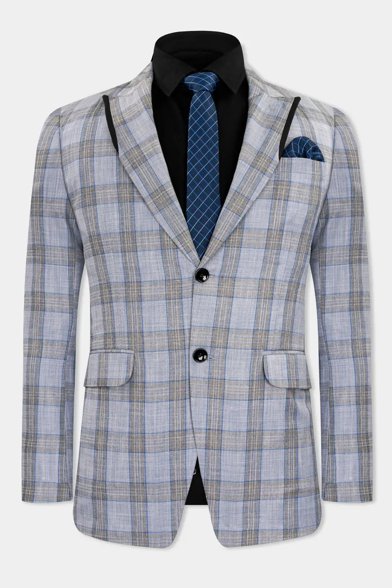 Slate Gray With Tapa Brown Plaid Wool Rich Designer Blazer 2