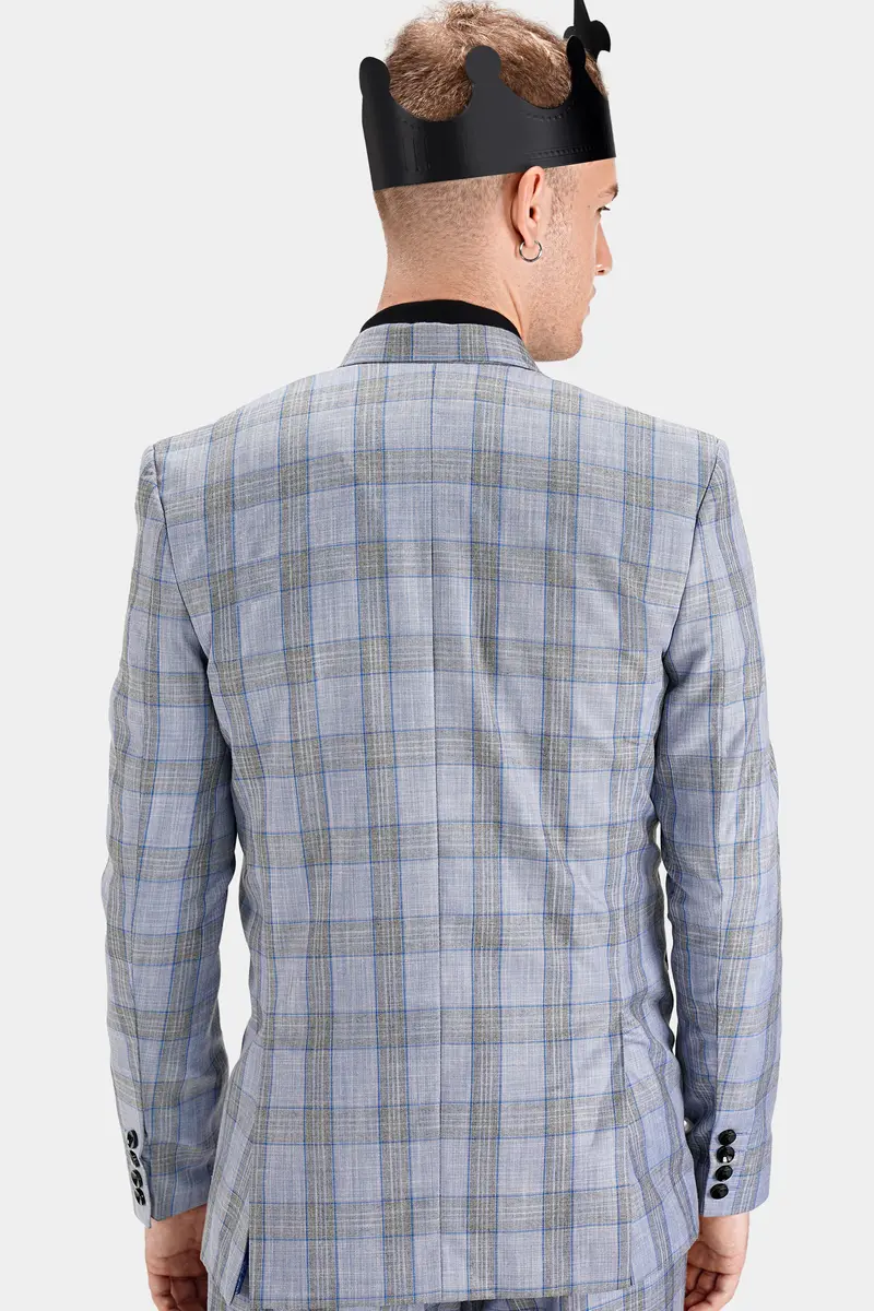 Slate Gray With Tapa Brown Plaid Wool Rich Designer Blazer 7