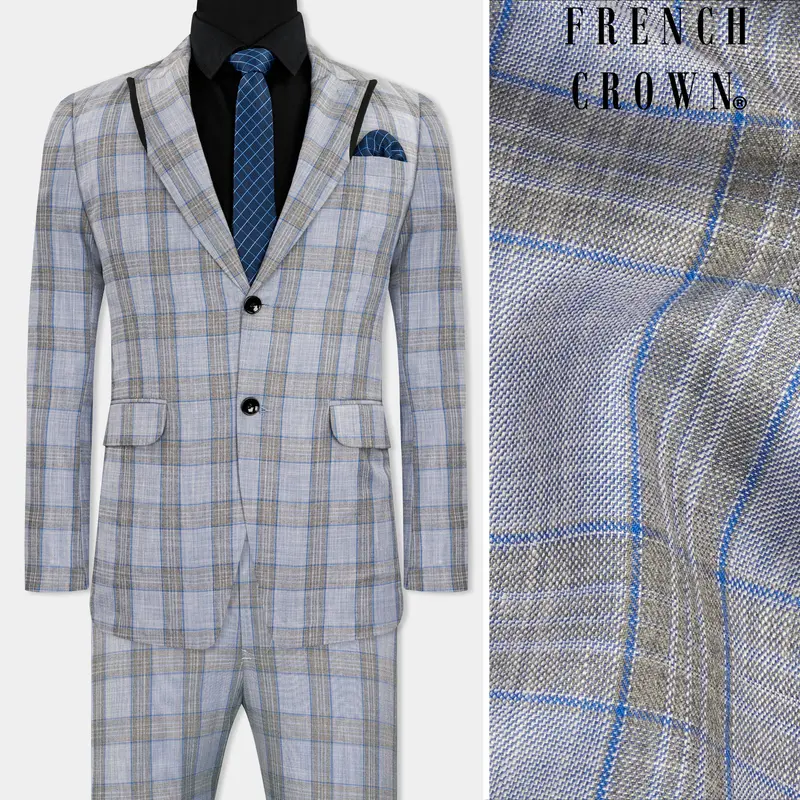 Slate Gray With Tapa Brown Plaid Wool Rich Designer Suit 1