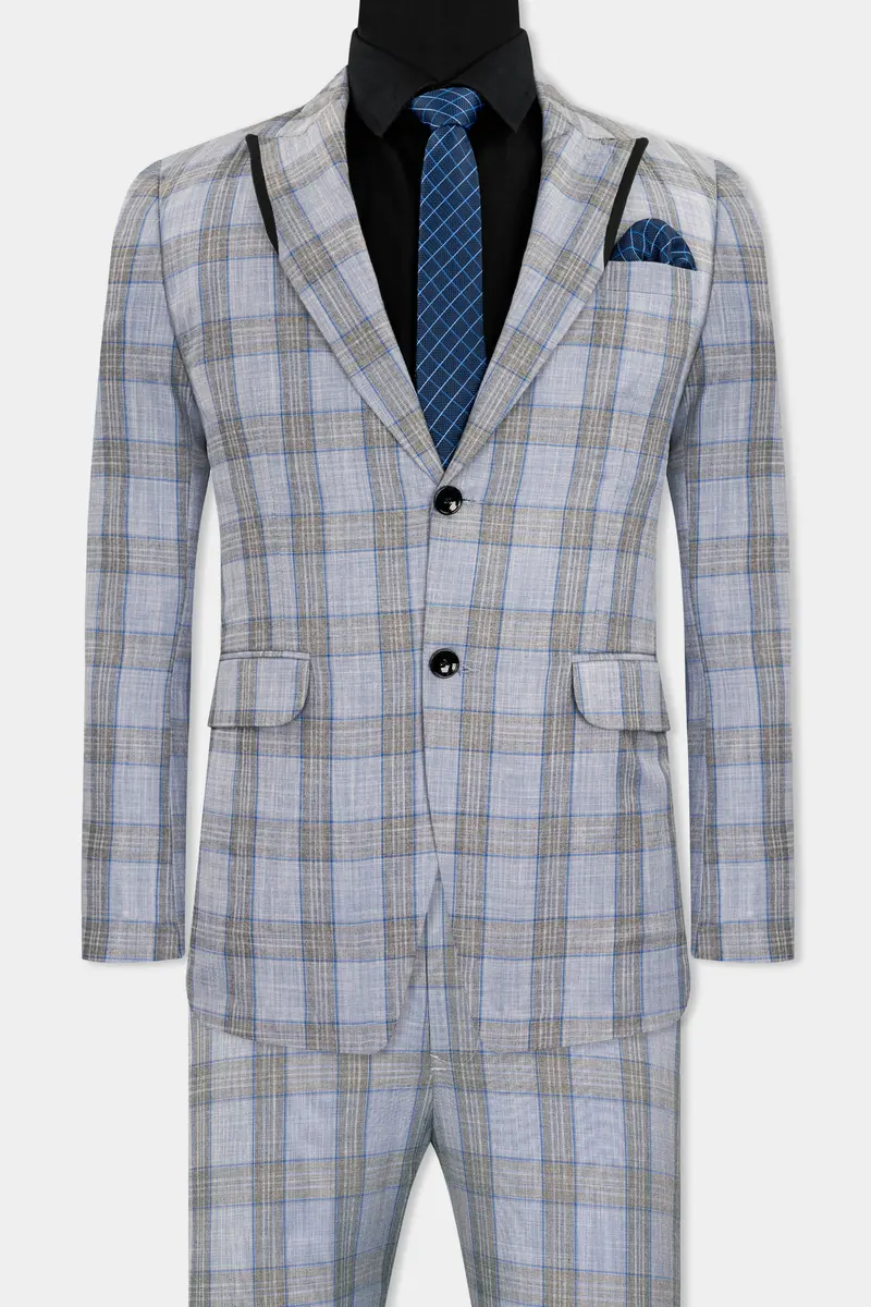 Slate Gray With Tapa Brown Plaid Wool Rich Designer Suit 2