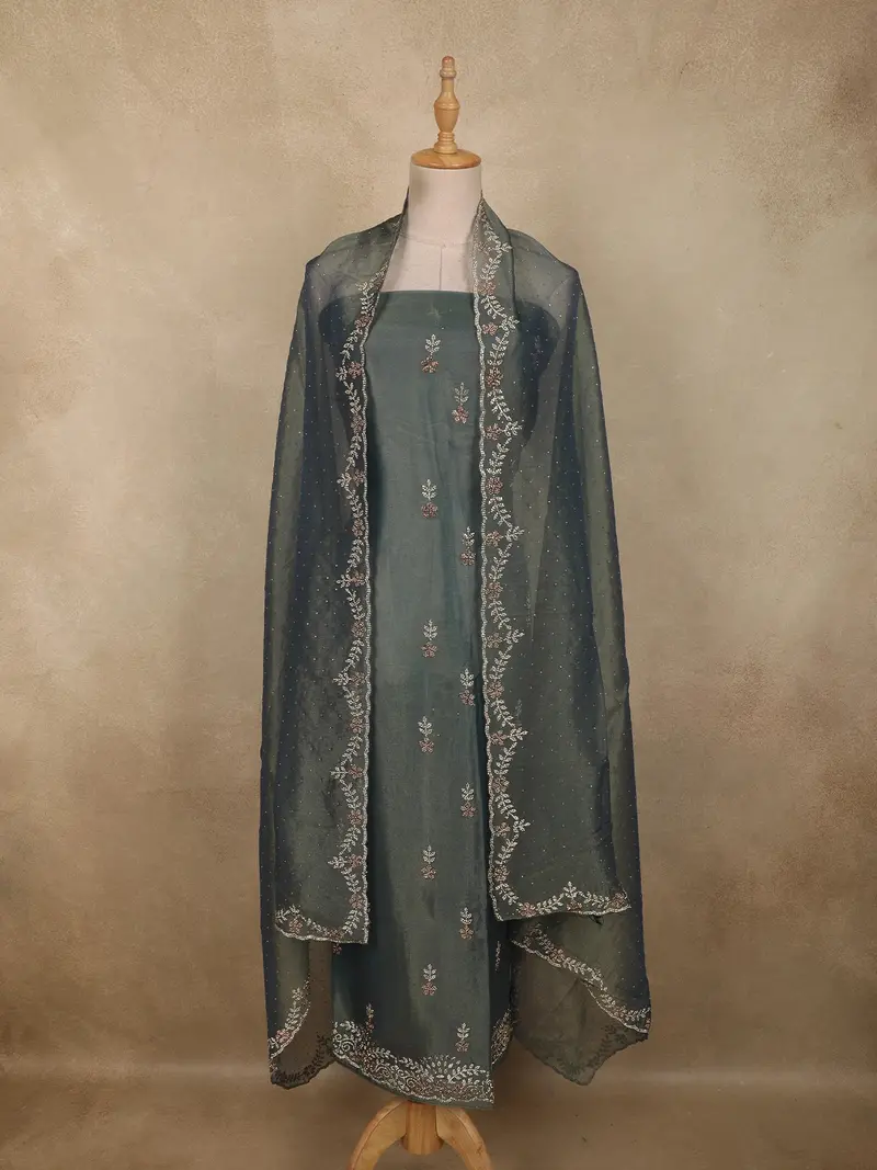 Slate Green Stone Embellished Design Tissue Silk Unstitched Salwar Material With Dupatta 1