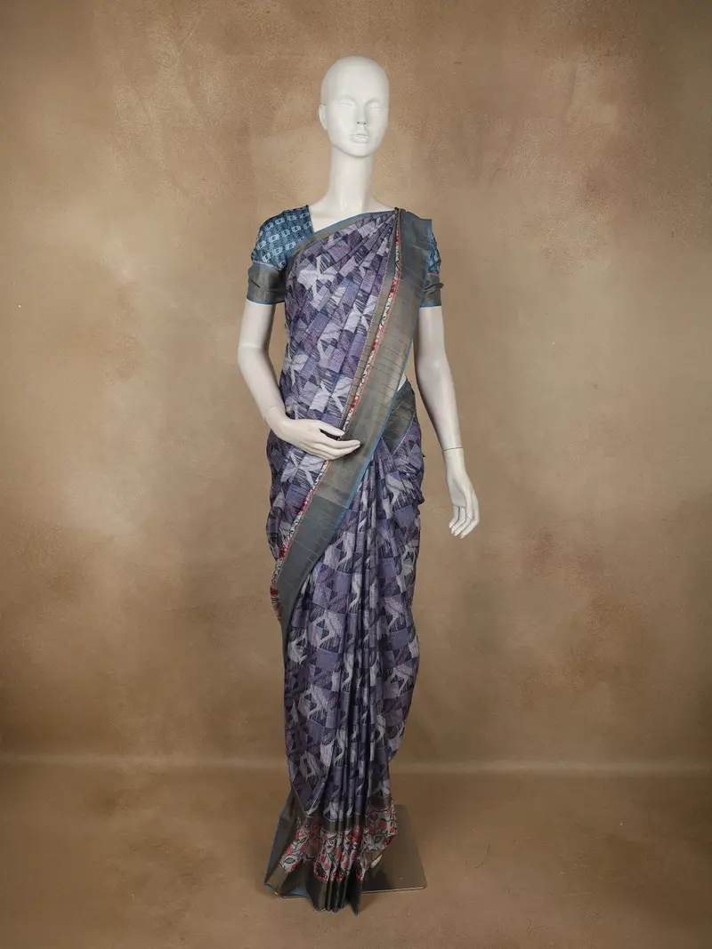 Slate Grey Abstract Printed Des Semi Tussar Saree 1