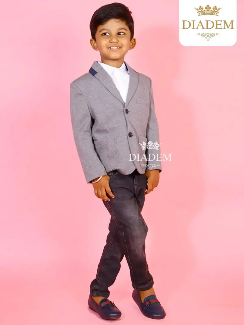 Slate Grey Aplic Design Full Sleeve Blazer 1