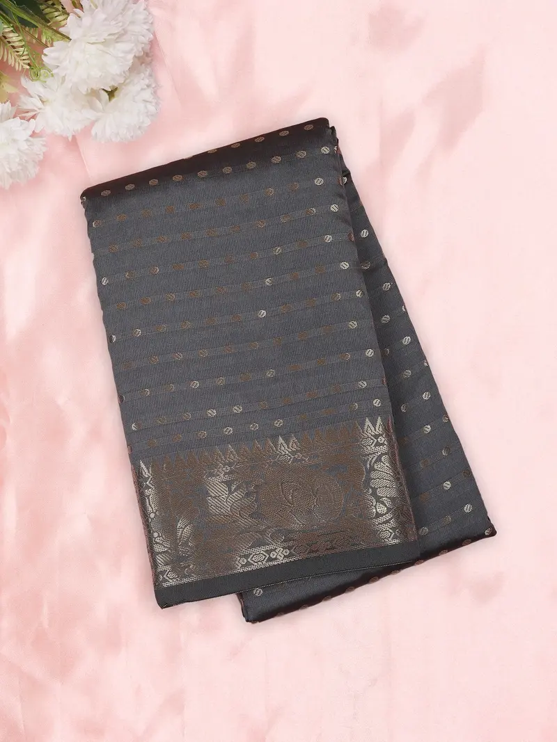 Slate Grey Butta Zari Woven Design Semi Silk Saree With Floral Border 1