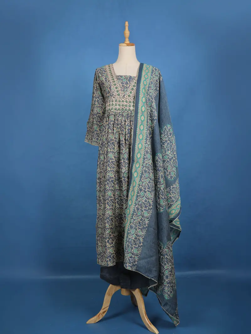 Slate Grey Floral Design  Chandheri Cotton Salwar Suit 1