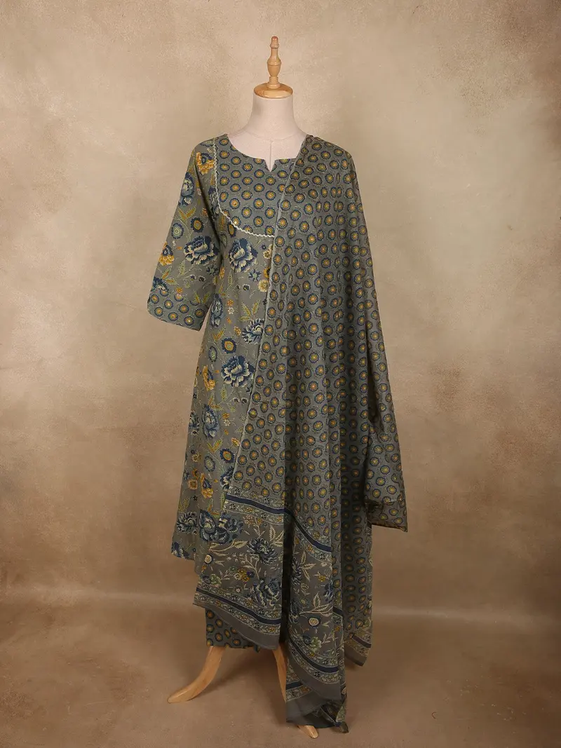 Slate Grey Floral Printed Design Cotton Salwar Suit With Dupatta 1