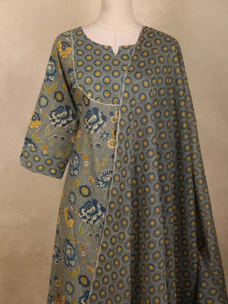 Slate Grey Floral Printed Design Cotton Salwar Suit With Dupatta 2