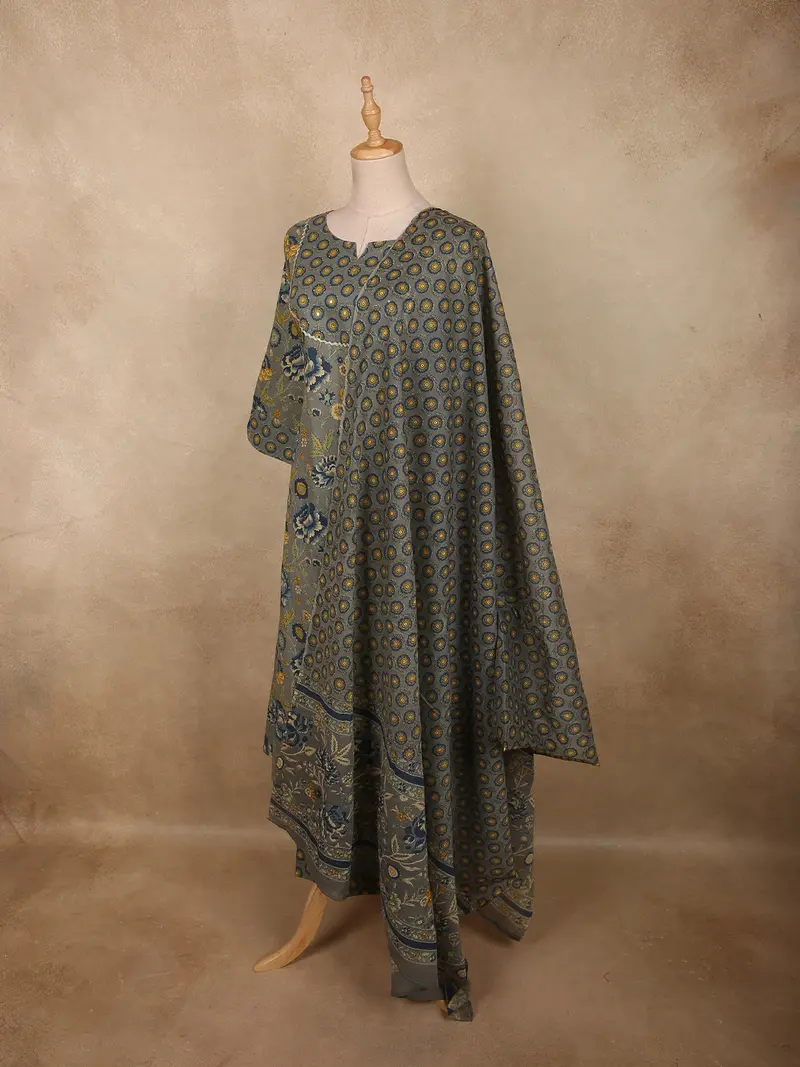 Slate Grey Floral Printed Design Cotton Salwar Suit With Dupatta 3