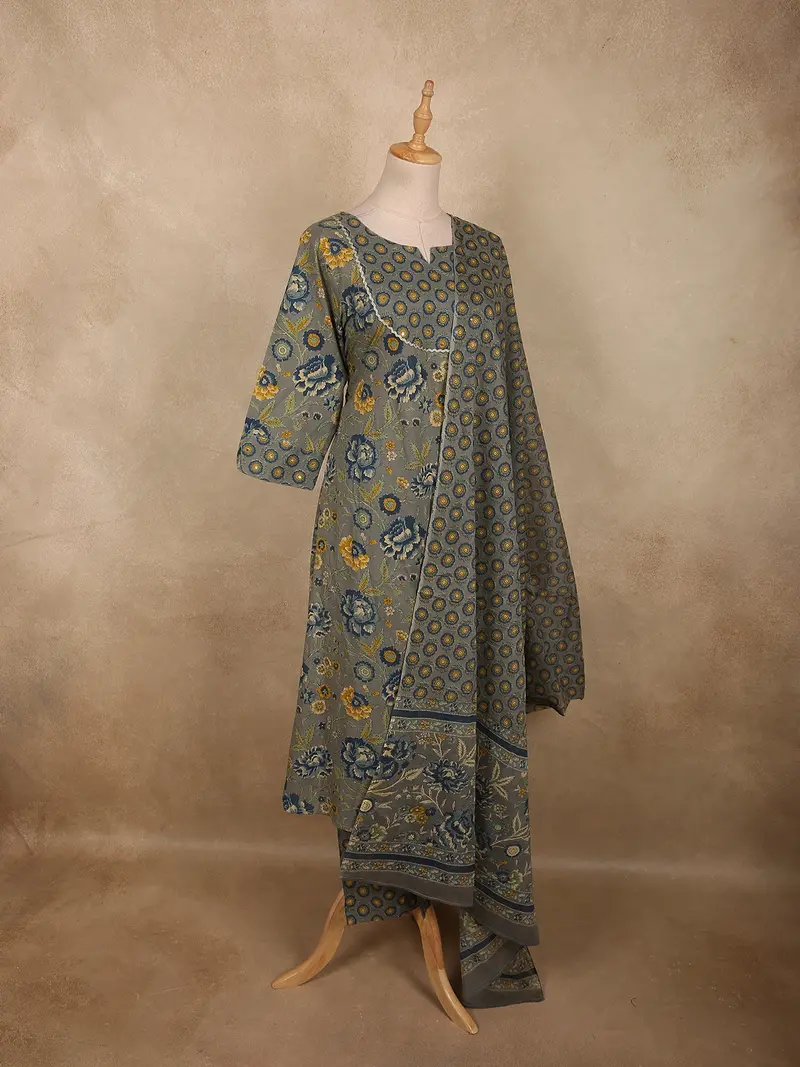 Slate Grey Floral Printed Design Cotton Salwar Suit With Dupatta 4