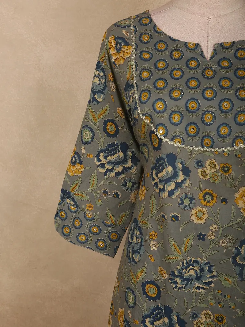 Slate Grey Floral Printed Design Cotton Salwar Suit With Dupatta 5