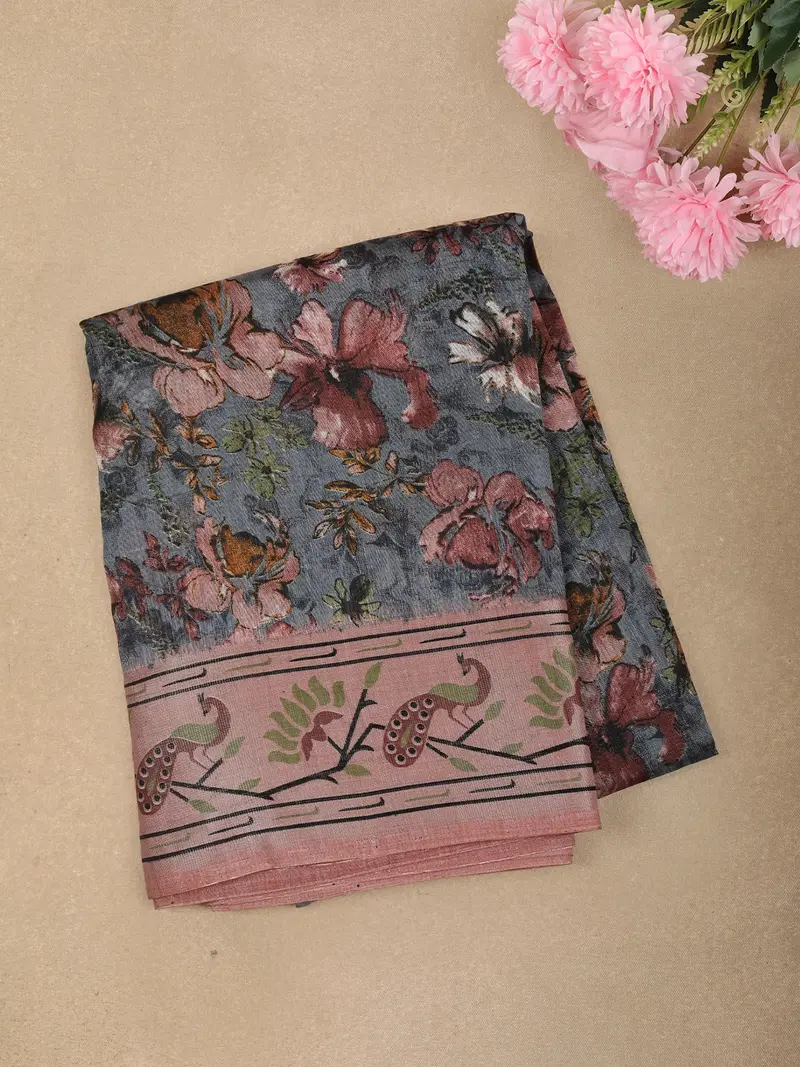 Slate Grey Floral Printed Design Linen Cotton Casual Wear Saree 1