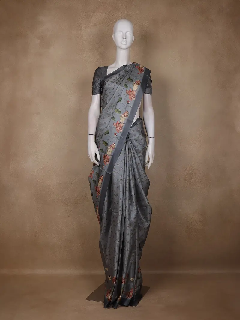 Slate Grey Floral Printed Design Tussar Saree With Designer Border 1
