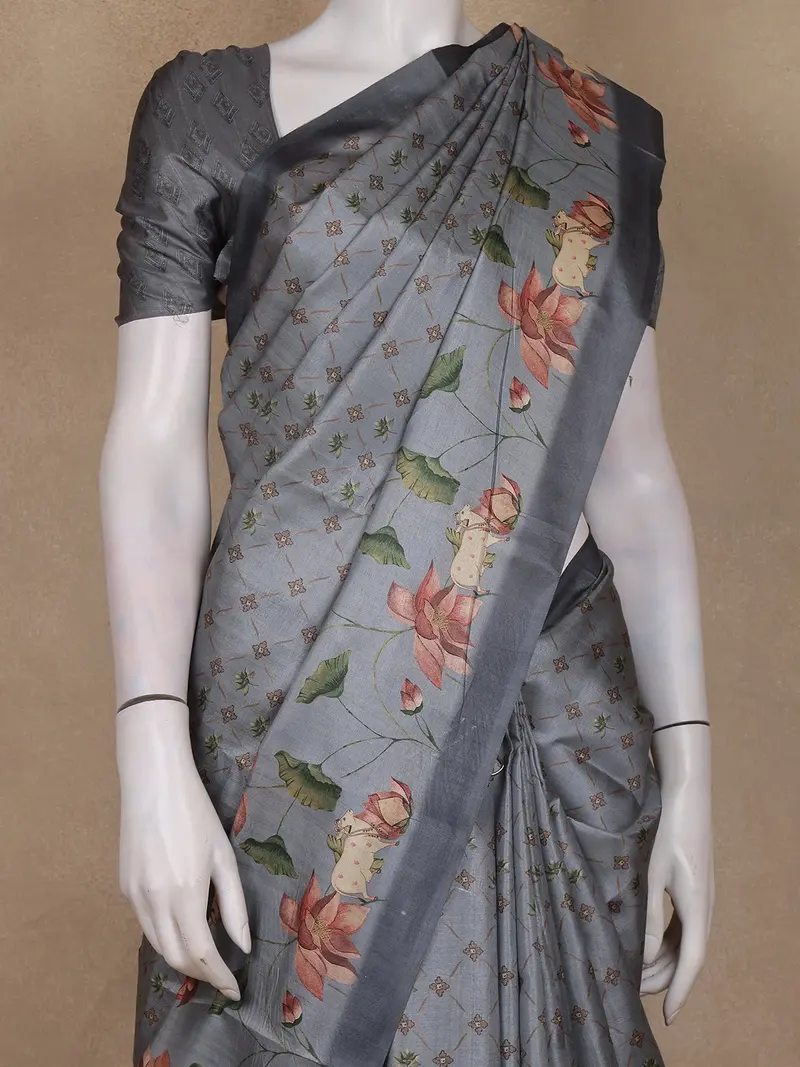 Slate Grey Floral Printed Design Tussar Saree With Designer Border 2