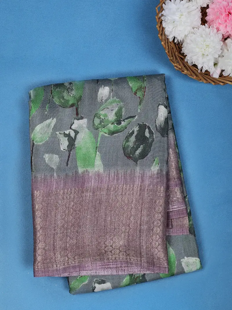 Slate Grey Leaf Printed Raw Silk Saree 1