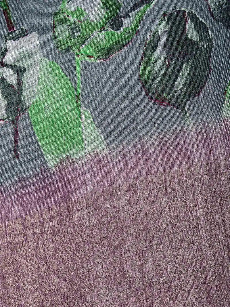 Slate Grey Leaf Printed Raw Silk Saree 2
