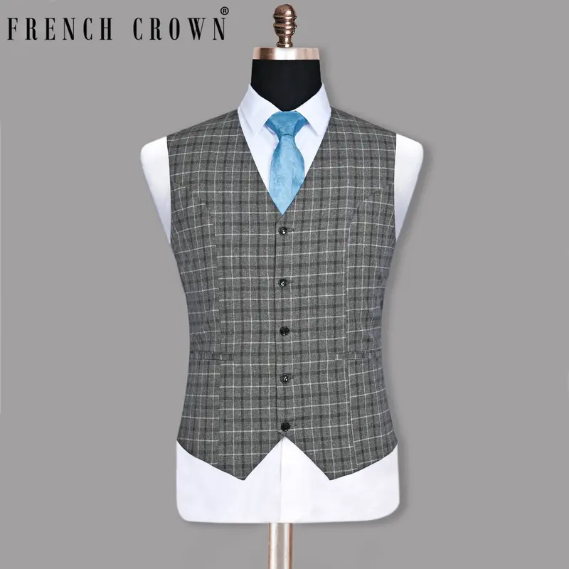 Slate Grey Textured And Plaid Wool Blend Waistcoat 1