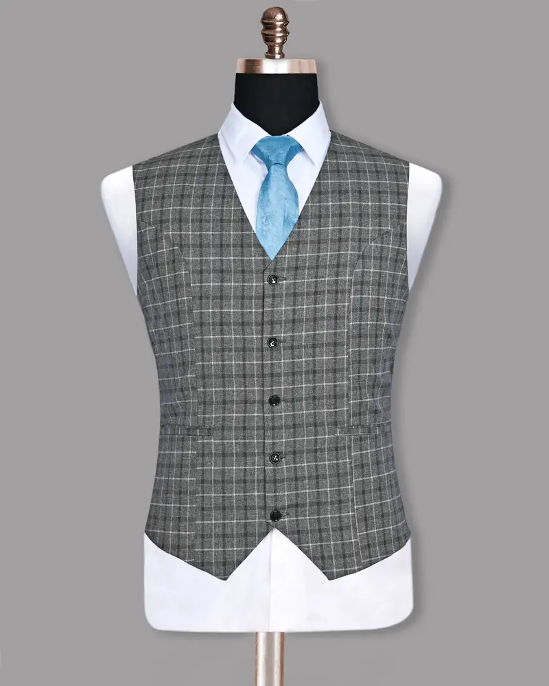 Slate Grey Textured And Plaid Wool Blend Waistcoat 2