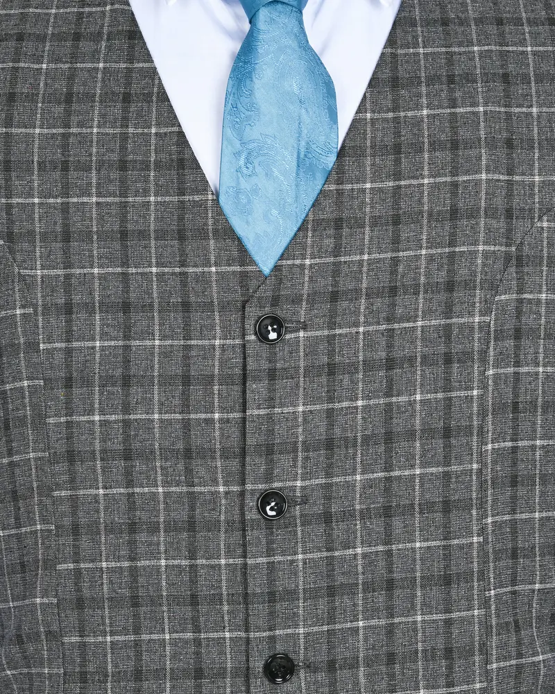 Slate Grey Textured And Plaid Wool Blend Waistcoat 4