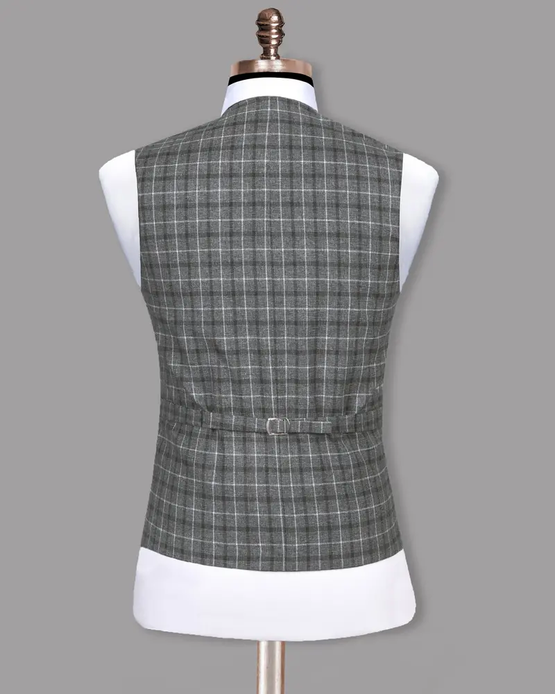 Slate Grey Textured And Plaid Wool Blend Waistcoat 5