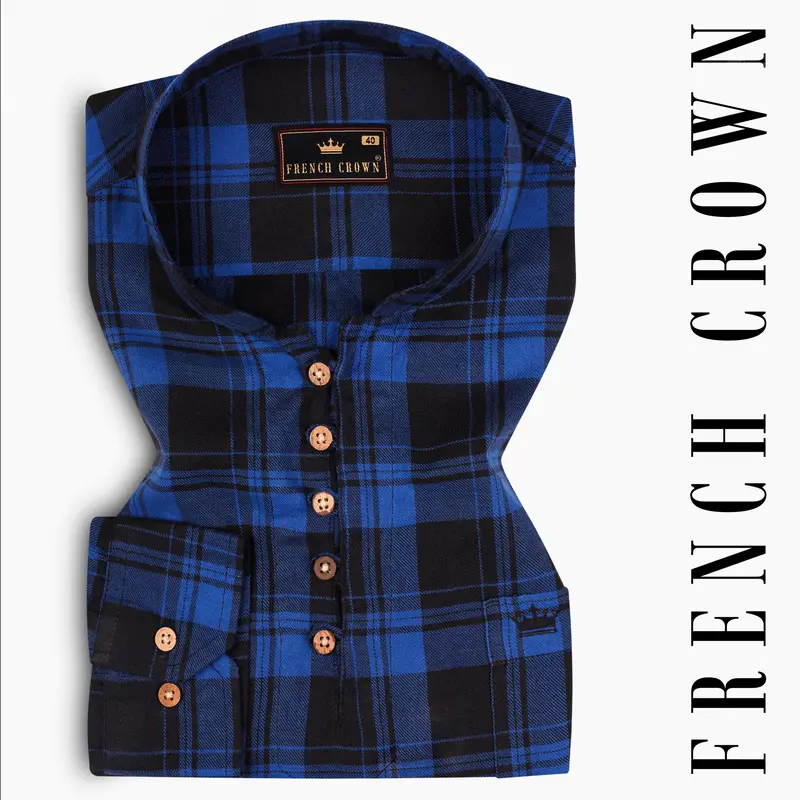 Smalt Blue And Black Plaid Twill Premium Cotton Kurta Shirt 1