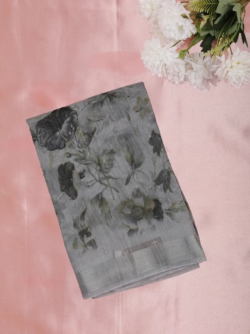 Smoke Grey Floral Printed Design Mixed Cotton Saree 1