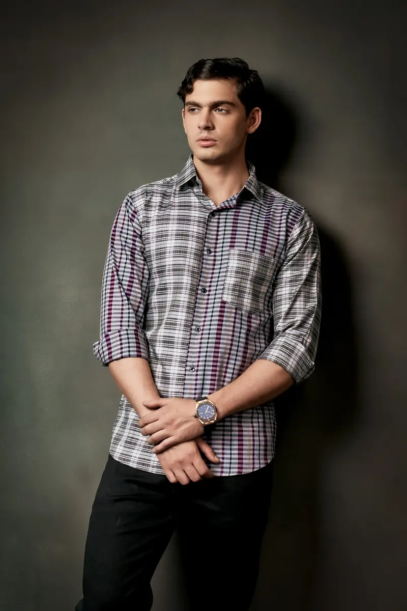 Smokey Gray And Castro Maroon Multi Color Plaid Twill Premium Cotton Designer Shirt 10