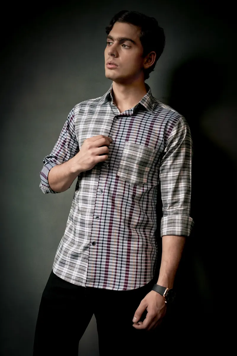 Smokey Gray And Castro Maroon Multi Color Plaid Twill Premium Cotton Designer Shirt 11