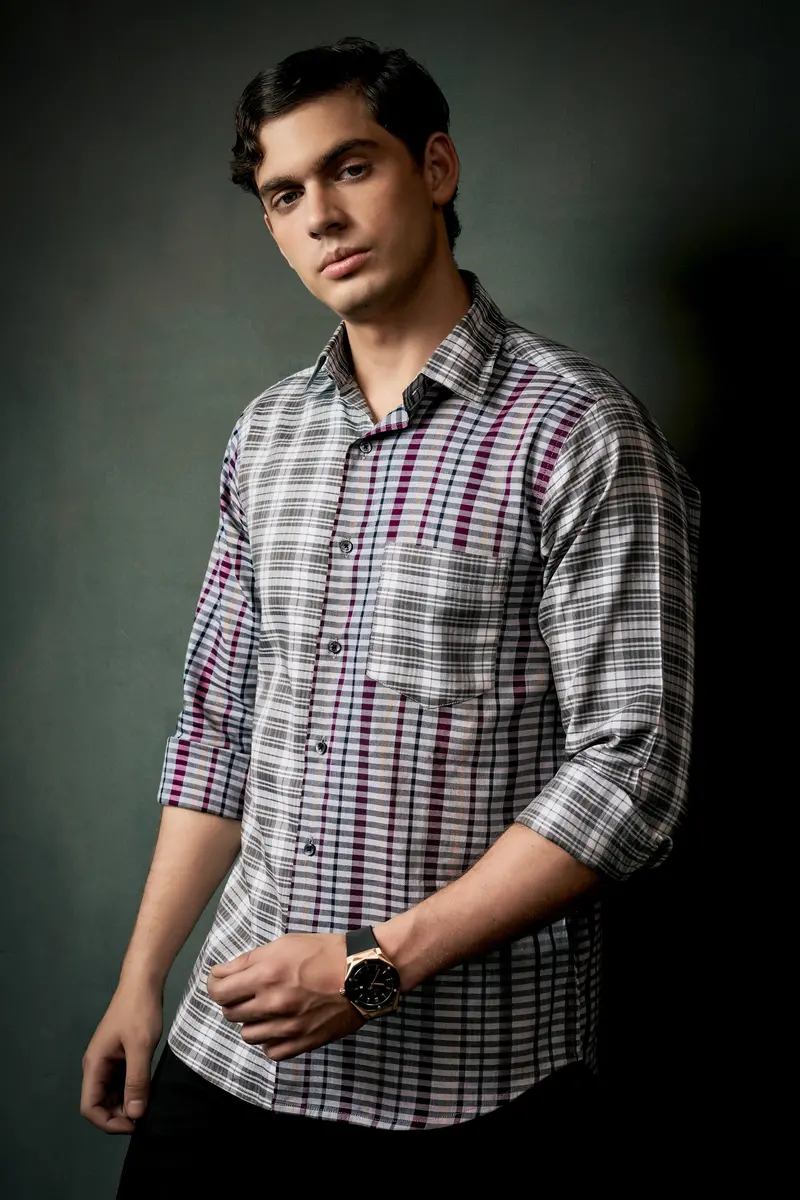 Smokey Gray And Castro Maroon Multi Color Plaid Twill Premium Cotton Designer Shirt 12