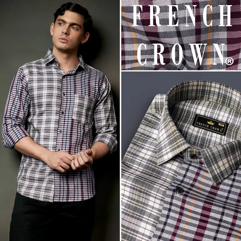 Smokey Gray And Castro Maroon Multi Color Plaid Twill Premium Cotton Designer Shirt 15