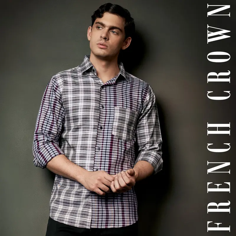 Smokey Gray And Castro Maroon Multi Color Plaid Twill Premium Cotton Designer Shirt 16