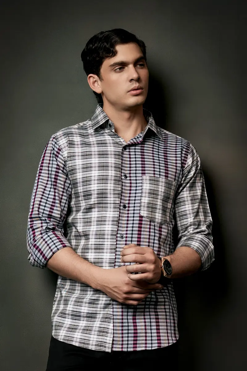 Smokey Gray And Castro Maroon Multi Color Plaid Twill Premium Cotton Designer Shirt 8