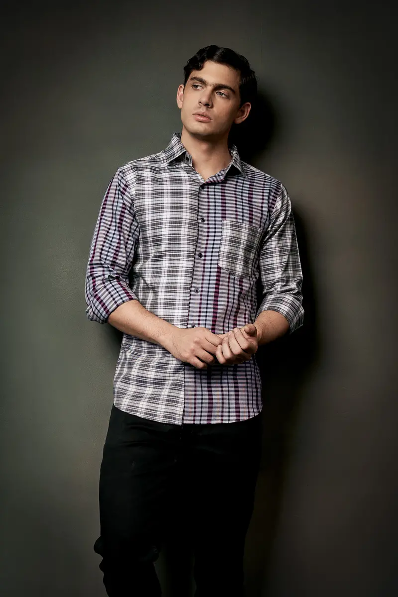 Smokey Gray And Castro Maroon Multi Color Plaid Twill Premium Cotton Designer Shirt 9