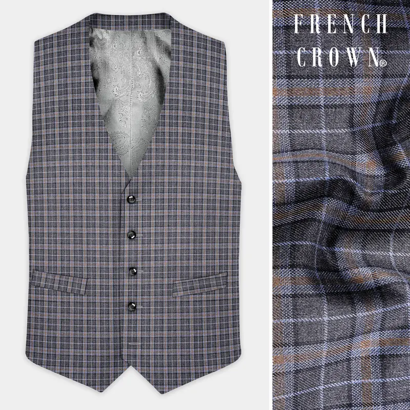 Smokey Gray Plaid Wool Blend Waistcoat 1